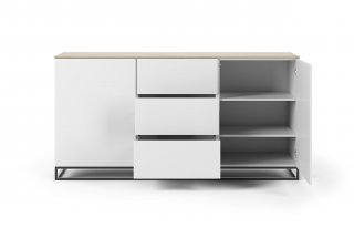 Buffet WHITY 2 blanc mat 180cm 2 portes/3 tiroirs Plateau en bois de chêne clair avec pieds noir métal